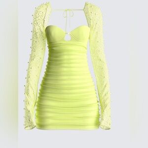 Finesse Lime Green Mesh Mini Dress XS Underwire Beaded Sleeves